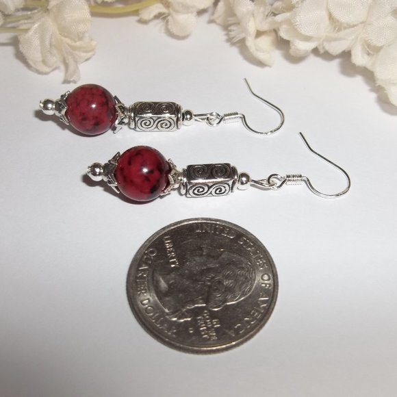 Dangle Earrings Set Dark Red and Silver Beaded Fashion Jewelry Gift for Her 7093 - Picture 6 of 8